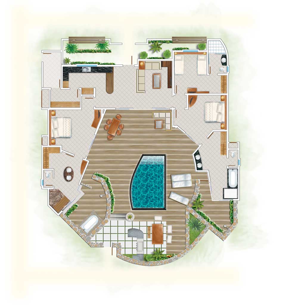 Three Bedroom Pool Villa Plan © Beachcomber